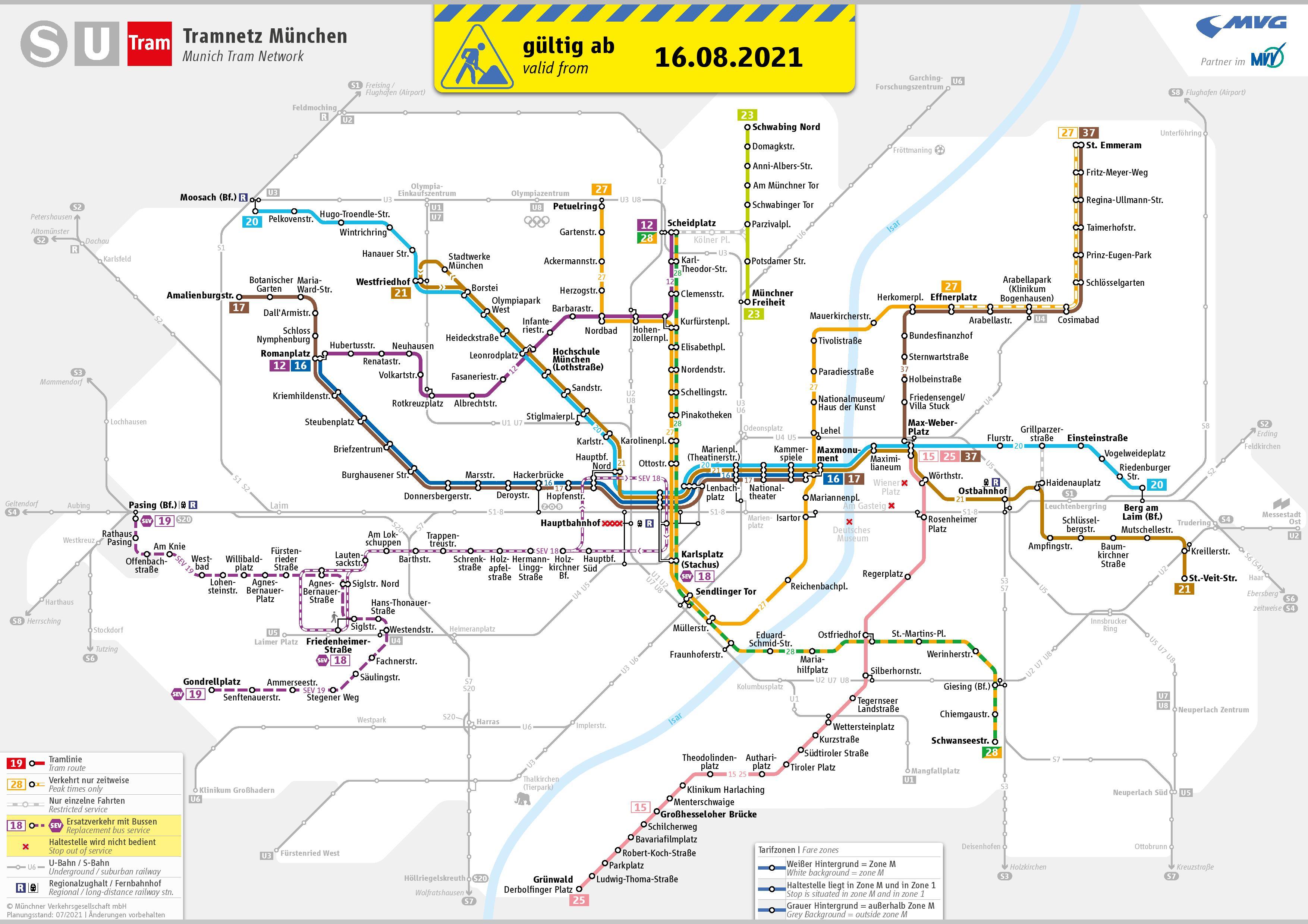 Map of Munich tram: tram lines and tram stations of Munich